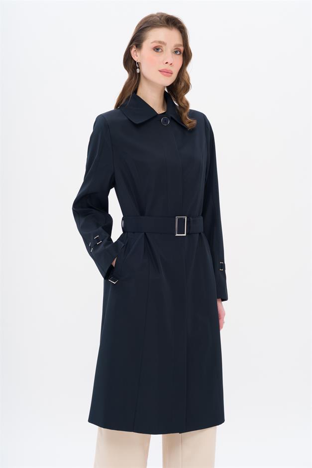 Shirt Collar Belt Detailed Plus Size Trench Coat NAVY 4302