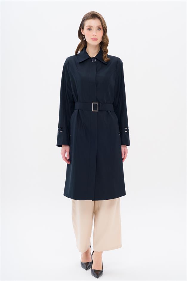 Shirt Collar Belt Detailed Plus Size Trench Coat NAVY 4302