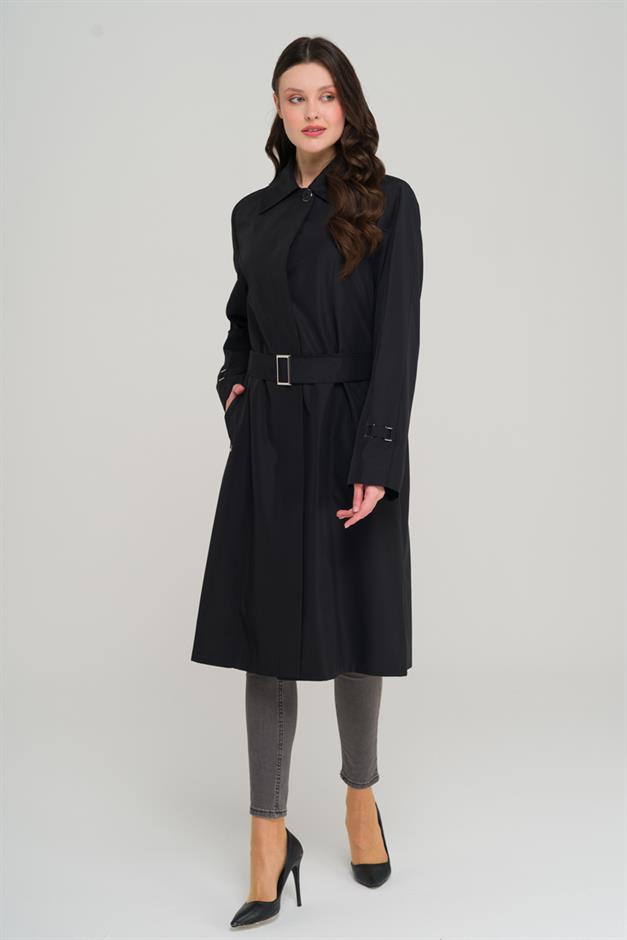 Shirt Collar Belt Detailed Plus Size Trench Coat BLACK 4302