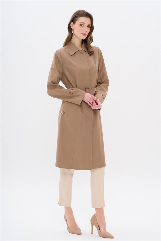 Shirt Collar Belt Detailed Plus Size Trench Coat VIZON 4302