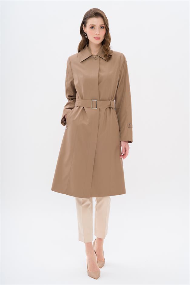 Shirt Collar Belt Detailed Plus Size Trench Coat VIZON 4302