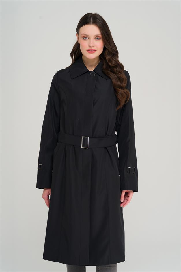 Shirt Collar Belt Detailed Plus Size Trench Coat BLACK 4302
