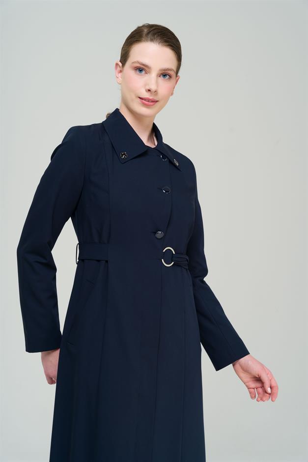 Gömlek Yaka Kuşak Detaylı Astarlı Pardesü LACİVERT 6568