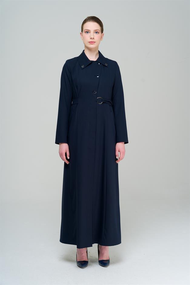 Gömlek Yaka Kuşak Detaylı Astarlı Pardesü LACİVERT 6568