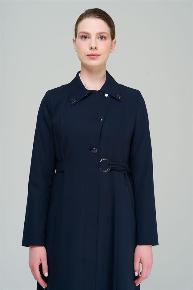 Gömlek Yaka Kuşak Detaylı Astarlı Pardesü LACİVERT 6568