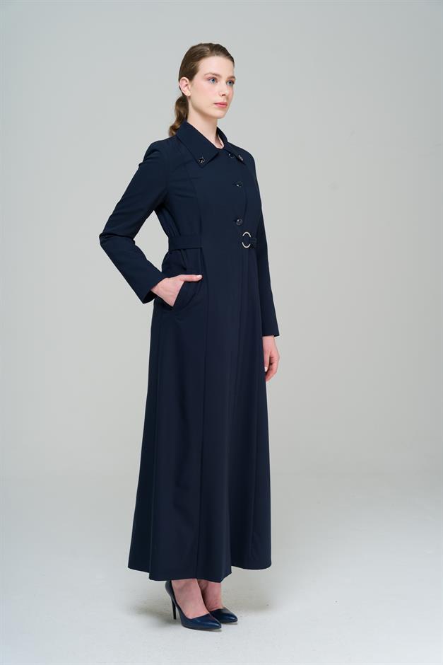 Gömlek Yaka Kuşak Detaylı Astarlı Pardesü LACİVERT 6568