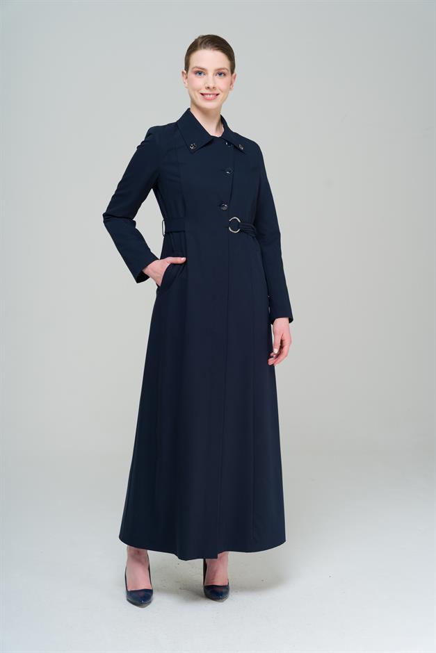 Gömlek Yaka Kuşak Detaylı Astarlı Pardesü LACİVERT 6568