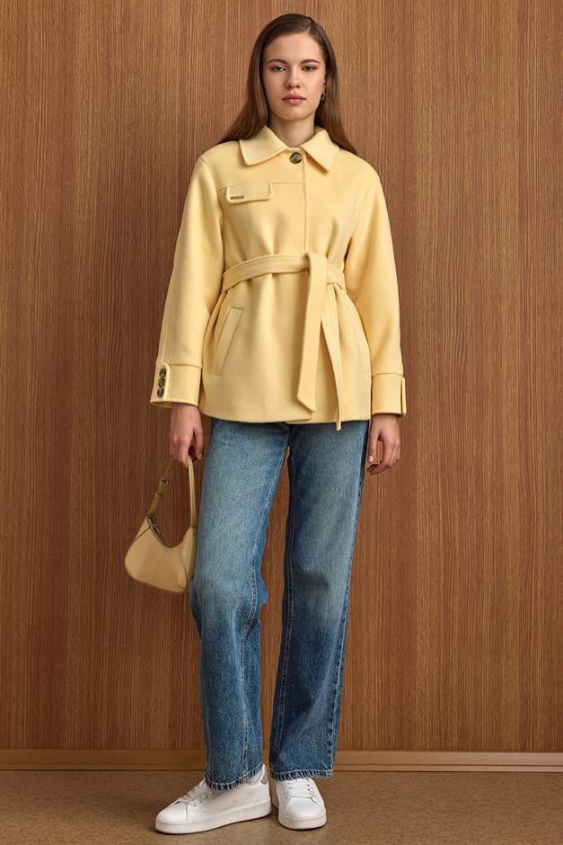 Gömlek Yaka Kuşak Detaylı Oversize Kısa Kaban SARI 3155