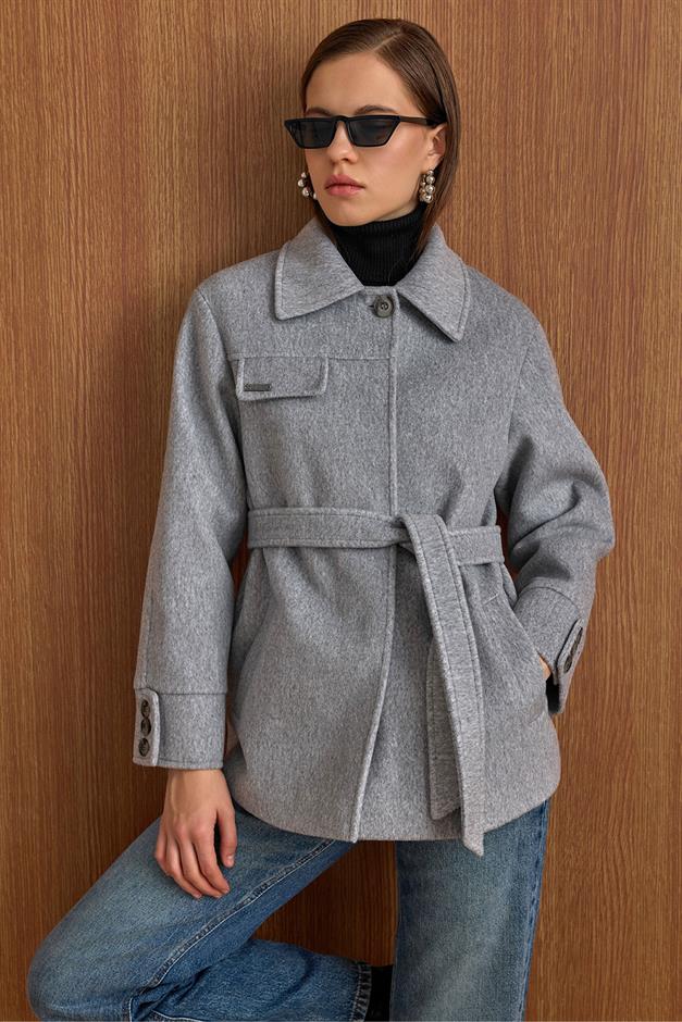 Gömlek Yaka Kuşak Detaylı Oversize Kısa Kaban AÇIK GRİ 3155