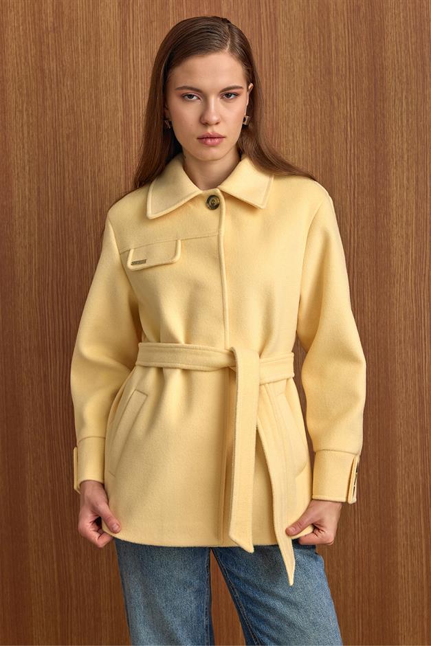 Gömlek Yaka Kuşak Detaylı Oversize Kısa Kaban SARI 3155
