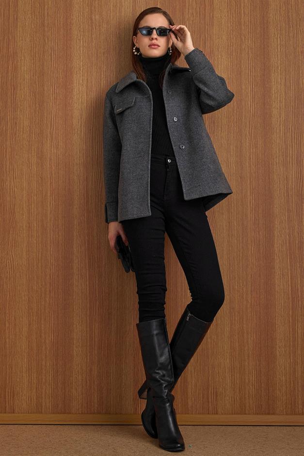 Gömlek Yaka Kuşak Detaylı Oversize Kısa Kaban KOYU GRİ 3155