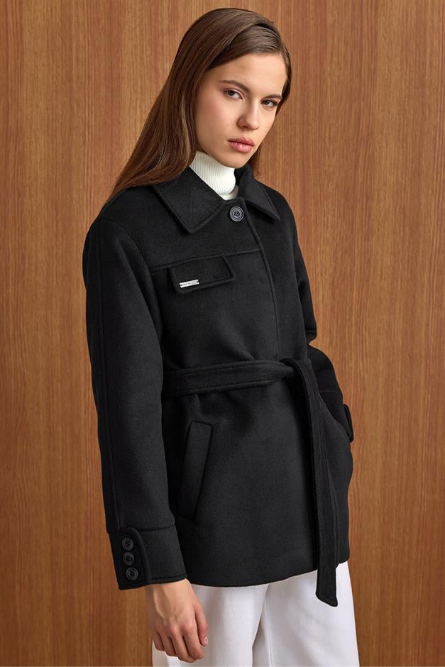 Gömlek Yaka Kuşak Detaylı Oversize Kısa Kaban SİYAH 3155
