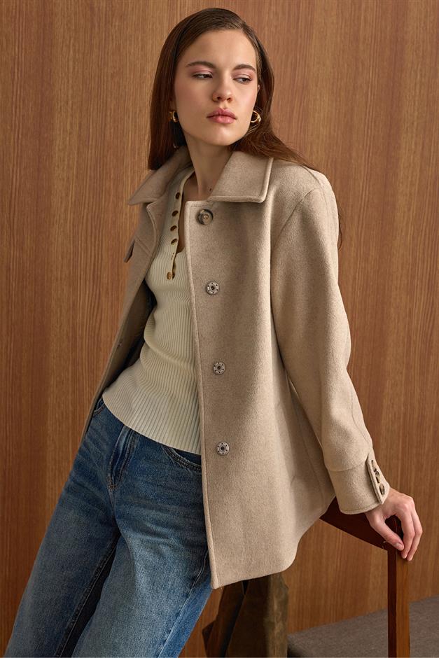 Gömlek Yaka Kuşak Detaylı Oversize Kısa Kaban TAŞ 3155