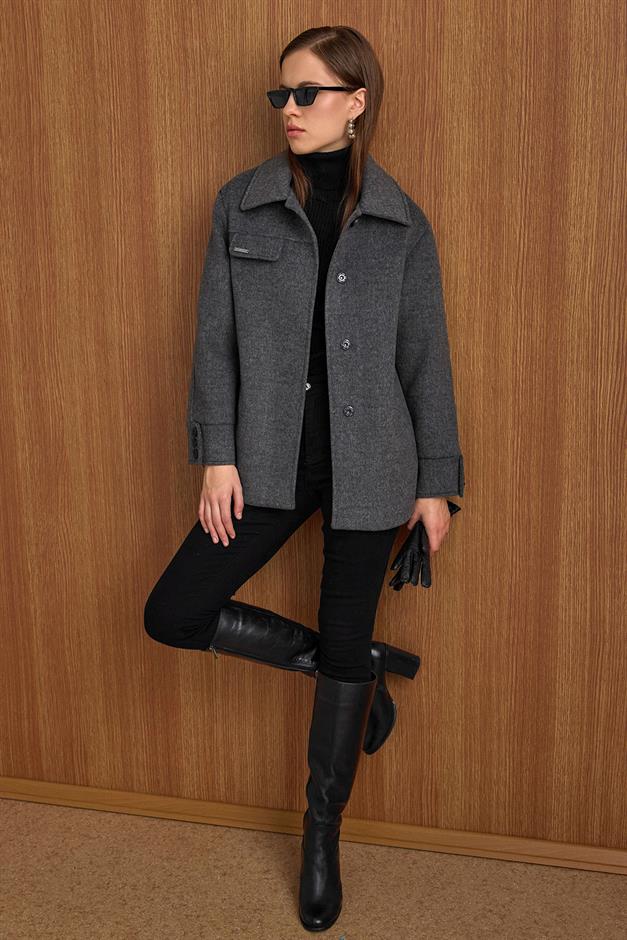 Gömlek Yaka Kuşak Detaylı Oversize Kısa Kaban KOYU GRİ 3155