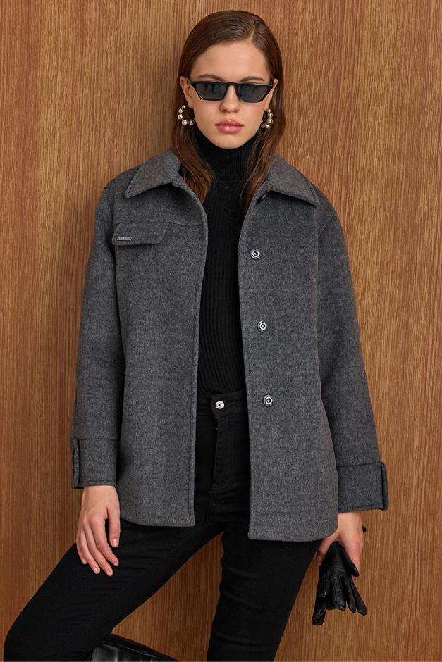 Gömlek Yaka Kuşak Detaylı Oversize Kısa Kaban KOYU GRİ 3155