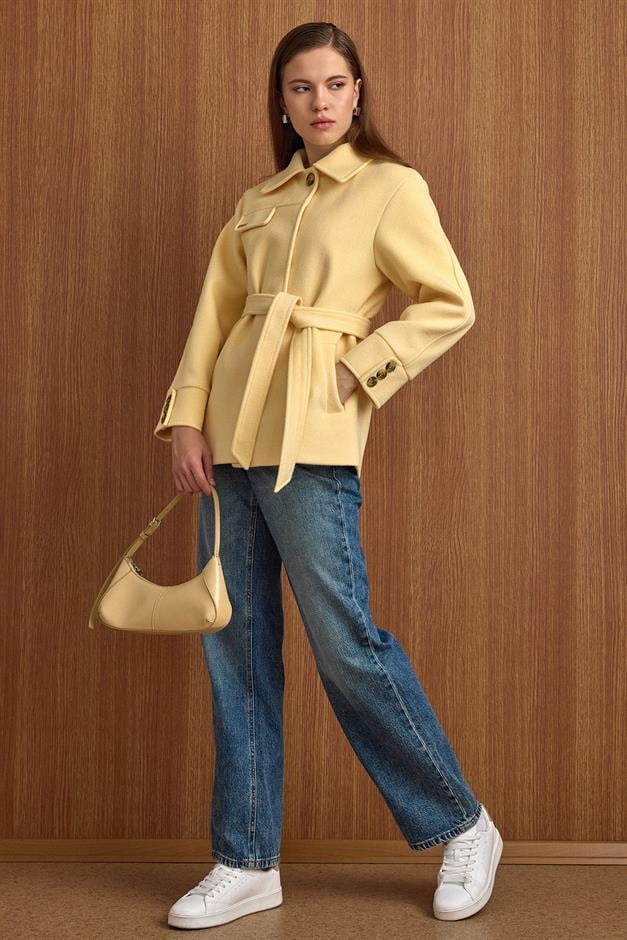 Gömlek Yaka Kuşak Detaylı Oversize Kısa Kaban SARI 3155