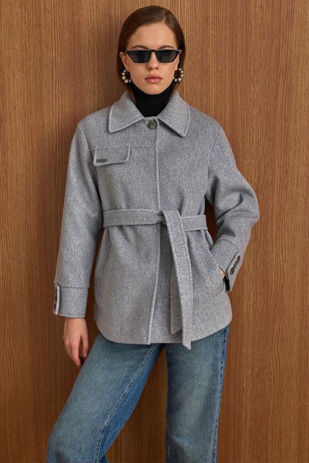Gömlek Yaka Kuşak Detaylı Oversize Kısa Kaban AÇIK GRİ 3155
