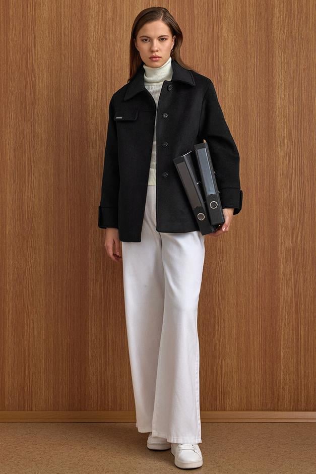 Gömlek Yaka Kuşak Detaylı Oversize Kısa Kaban SİYAH 3155