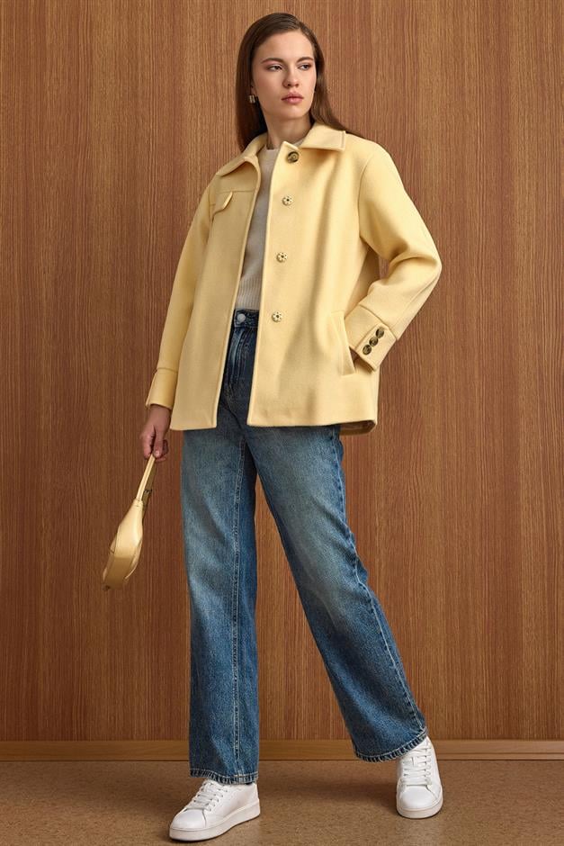 Gömlek Yaka Kuşak Detaylı Oversize Kısa Kaban SARI 3155