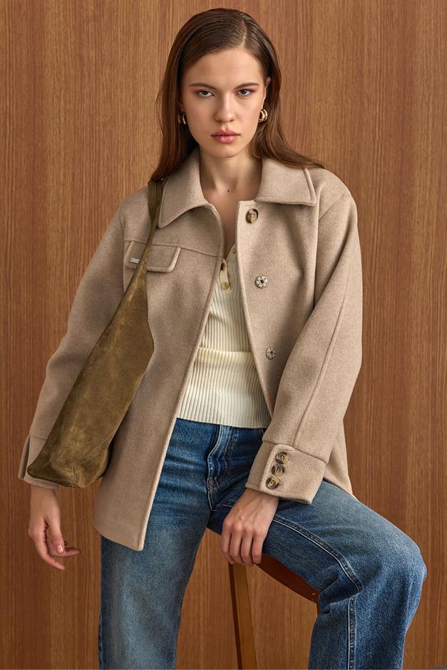 Gömlek Yaka Kuşak Detaylı Oversize Kısa Kaban TAŞ 3155