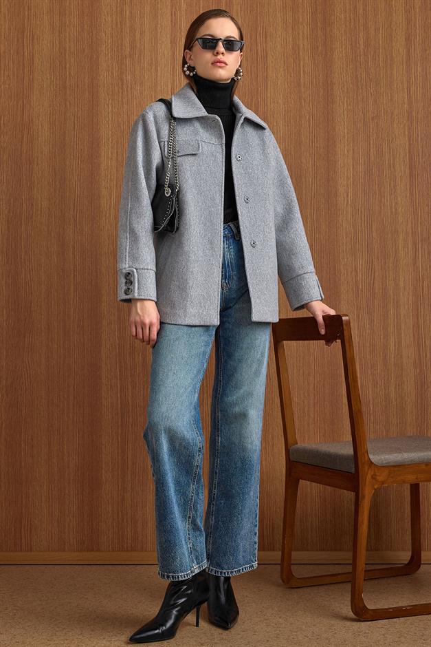 Gömlek Yaka Kuşak Detaylı Oversize Kısa Kaban AÇIK GRİ 3155