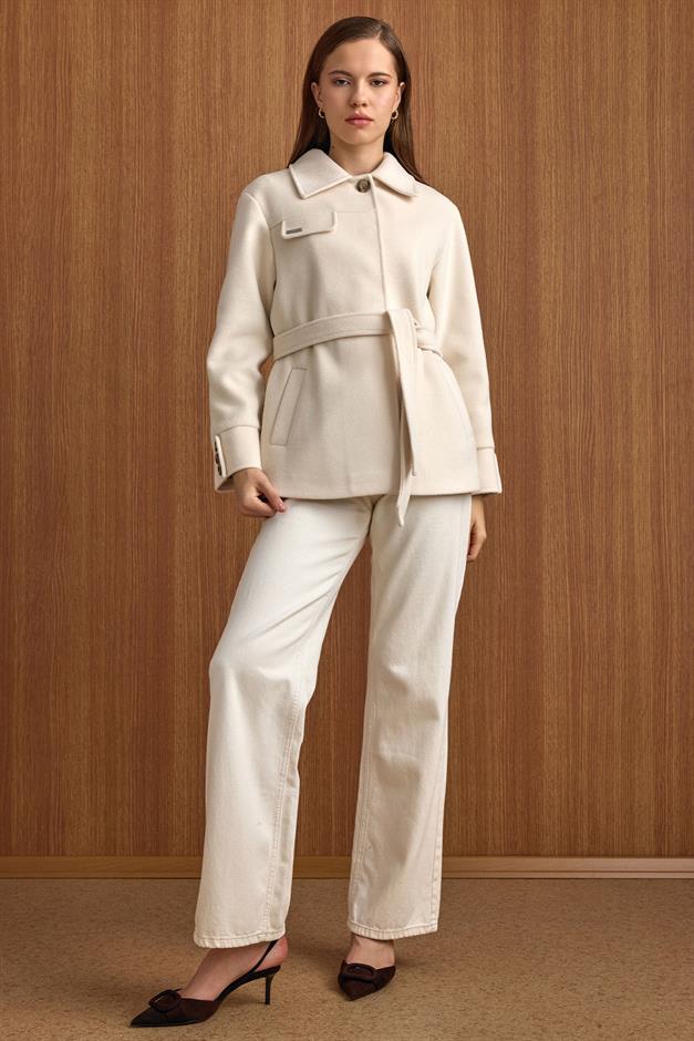 Gömlek Yaka Kuşak Detaylı Oversize Kısa Kaban EKRU 3155