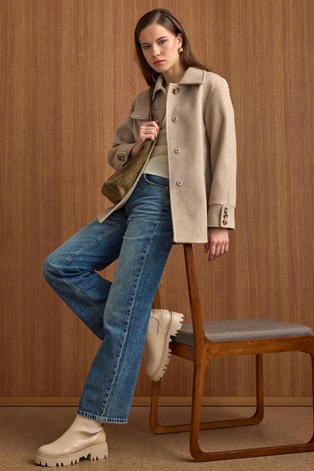 Gömlek Yaka Kuşak Detaylı Oversize Kısa Kaban TAŞ 3155