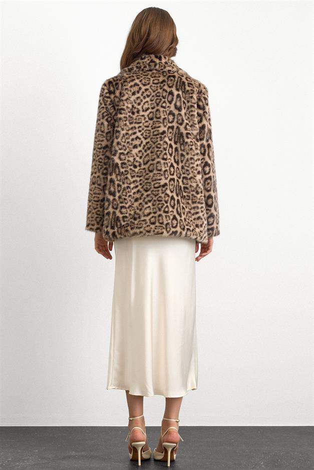 Gömlek Yaka Leopar Desenli Suni Kürk Ceket BEJ 1016