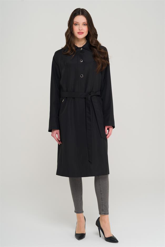 Shirt Collar Metal Accessory Plus Size Trench Coat BLACK 4304