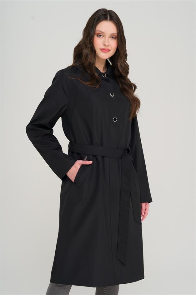 Shirt Collar Metal Accessory Plus Size Trench Coat BLACK 4304