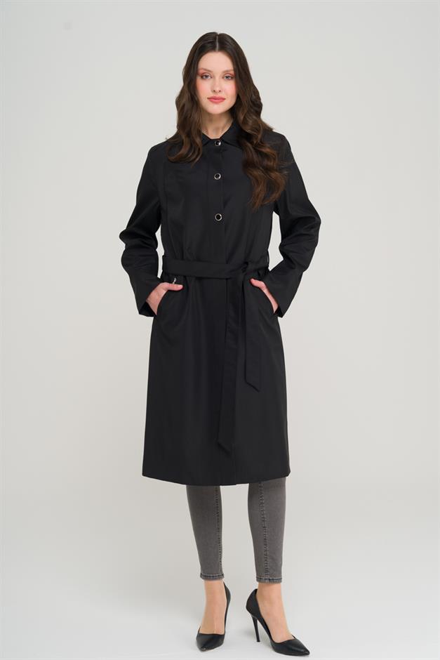 Shirt Collar Metal Accessory Plus Size Trench Coat BLACK 4304