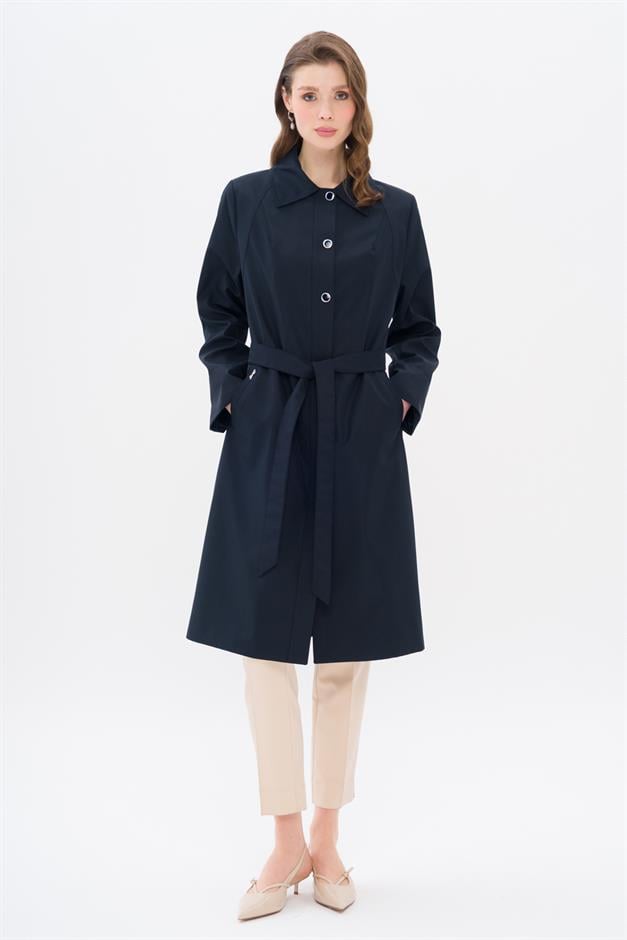 Shirt Collar Metal Accessory Plus Size Trench Coat NAVY 4304