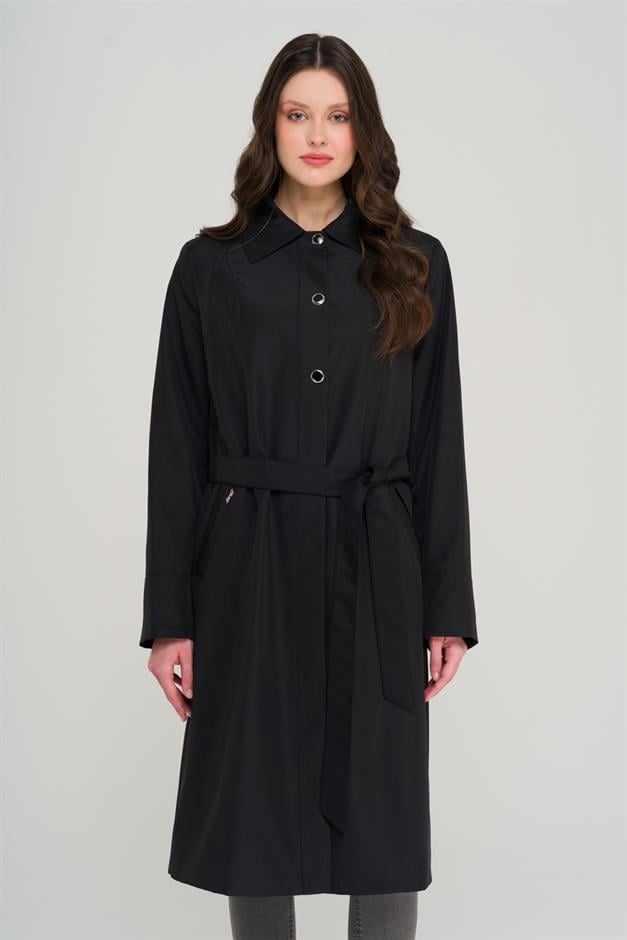 Shirt Collar Metal Accessory Plus Size Trench Coat BLACK 4304