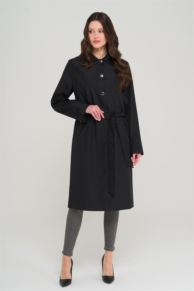 Shirt Collar Metal Accessory Plus Size Trench Coat BLACK 4304