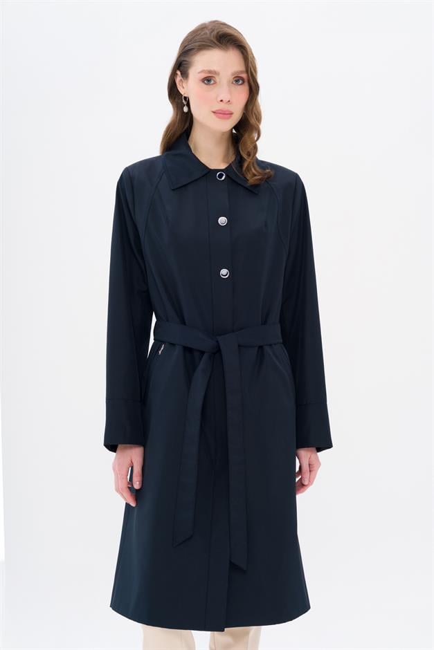 Shirt Collar Metal Accessory Plus Size Trench Coat NAVY 4304