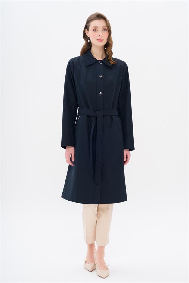 Shirt Collar Metal Accessory Plus Size Trench Coat NAVY 4304