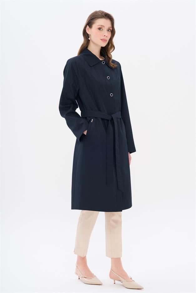 Shirt Collar Metal Accessory Plus Size Trench Coat NAVY 4304