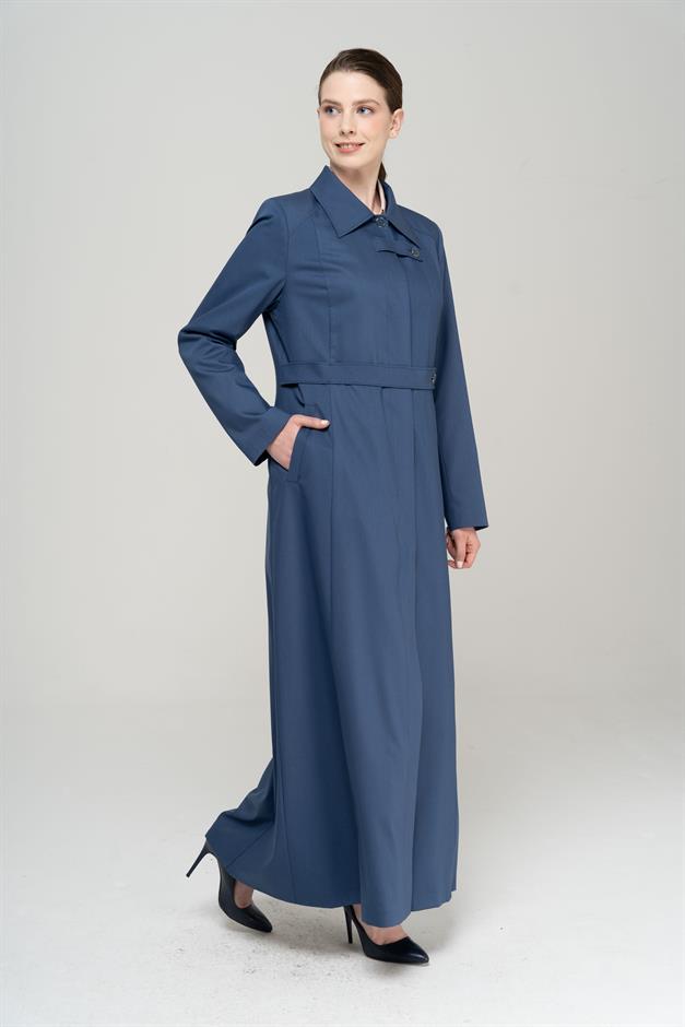 Gömlek Yaka Nervür Detaylı Büyük Beden Astarlı Pardesü İNDİGO 6565