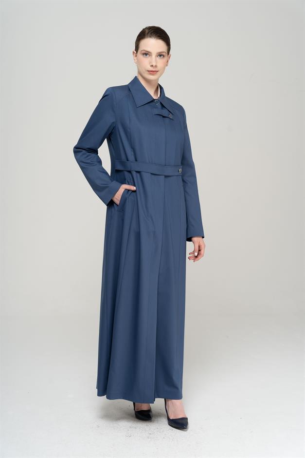 Gömlek Yaka Nervür Detaylı Büyük Beden Astarlı Pardesü İNDİGO 6565