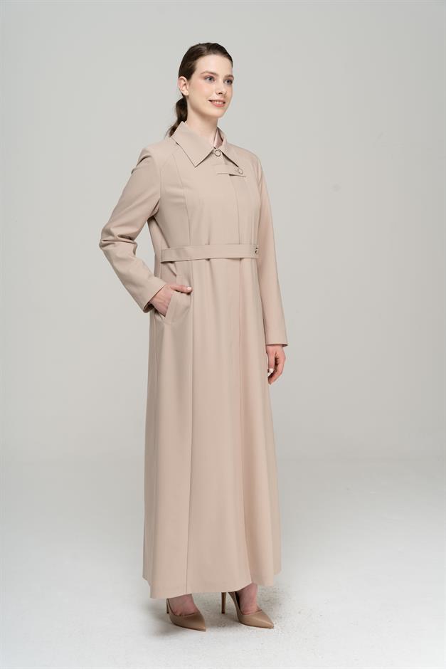 Gömlek Yaka Nervür Detaylı Büyük Beden Astarlı Pardesü BEJ 6565