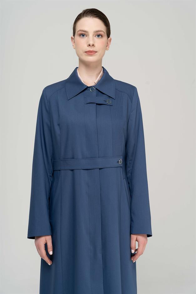 Gömlek Yaka Nervür Detaylı Büyük Beden Astarlı Pardesü İNDİGO 6565
