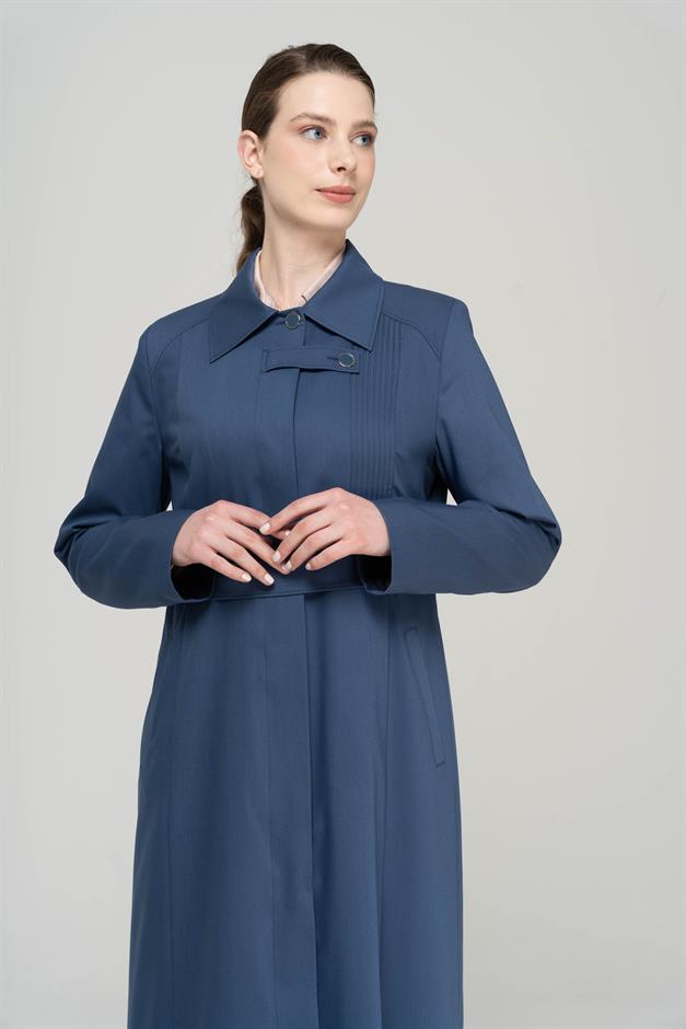 Gömlek Yaka Nervür Detaylı Büyük Beden Astarlı Pardesü İNDİGO 6565