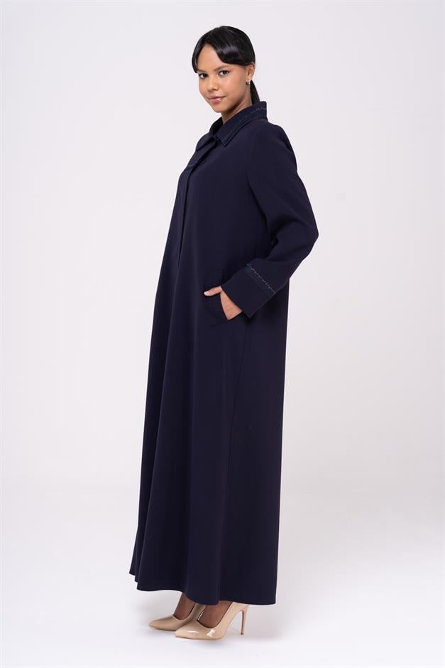 Gömlek Yaka Organze ve İşleme Detaylı Büyük Beden Astarlı Pardesü LACİVERT 6546