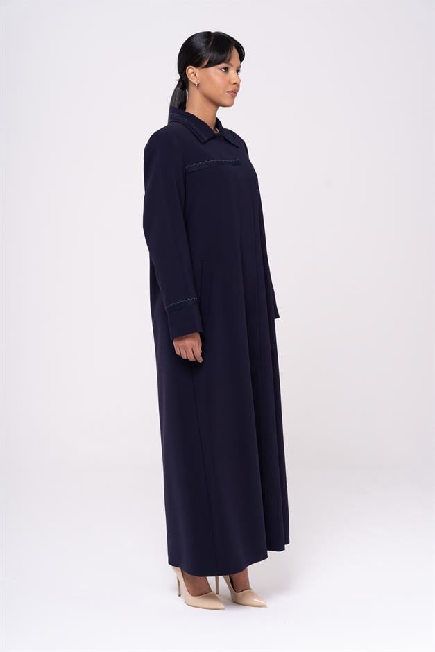 Gömlek Yaka Organze ve İşleme Detaylı Büyük Beden Astarlı Pardesü LACİVERT 6546