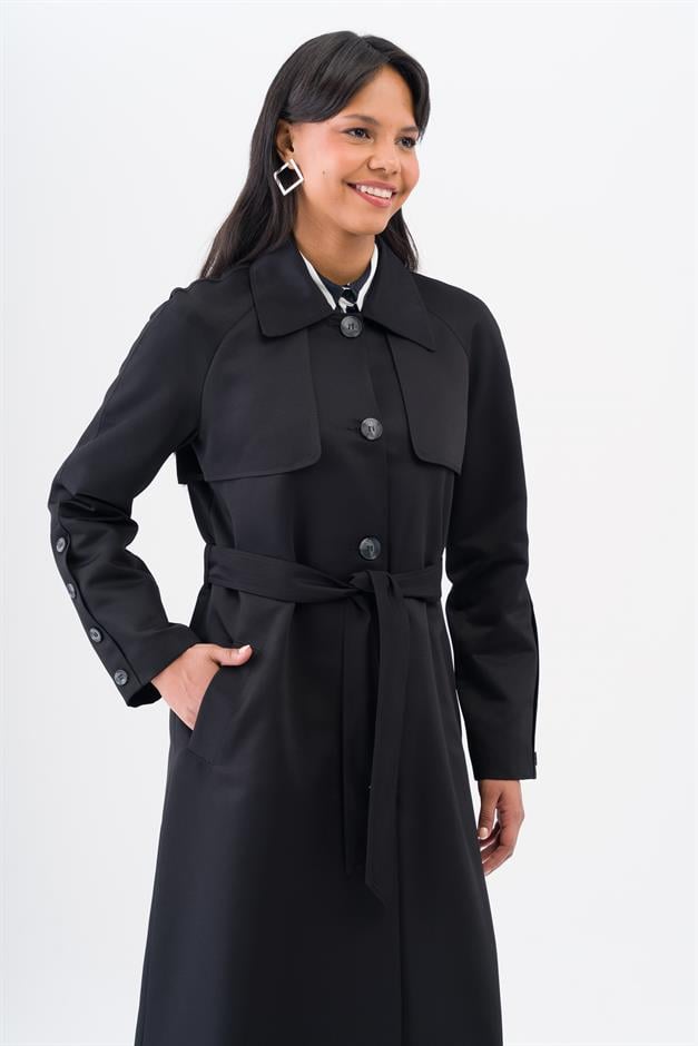 Shirt Collar Cape Detailed Raglan Sleeve Water Repellent Lined Mid-Length Trench Coat BLACK 6530