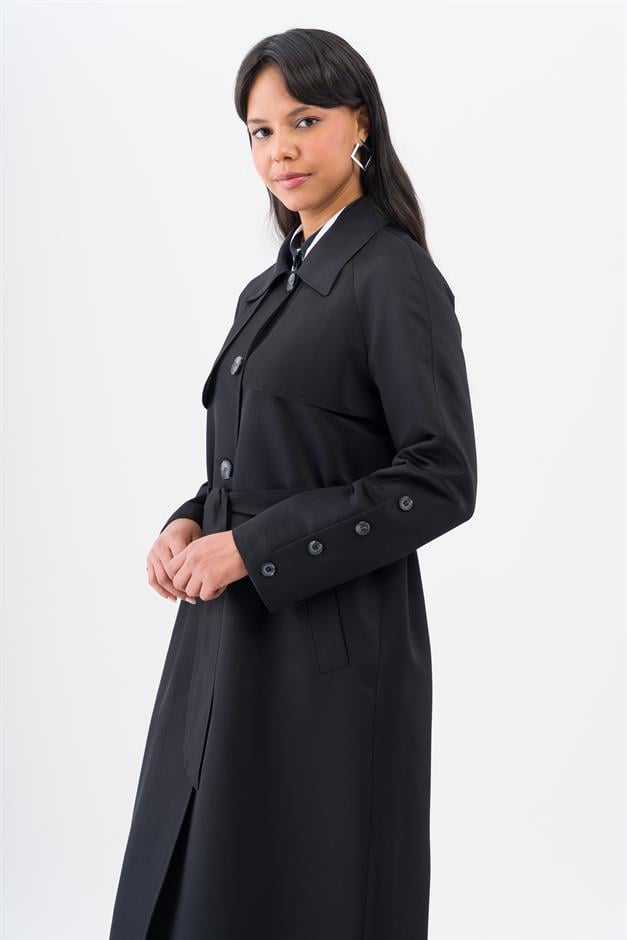 Shirt Collar Cape Detailed Raglan Sleeve Water Repellent Lined Mid-Length Trench Coat BLACK 6530