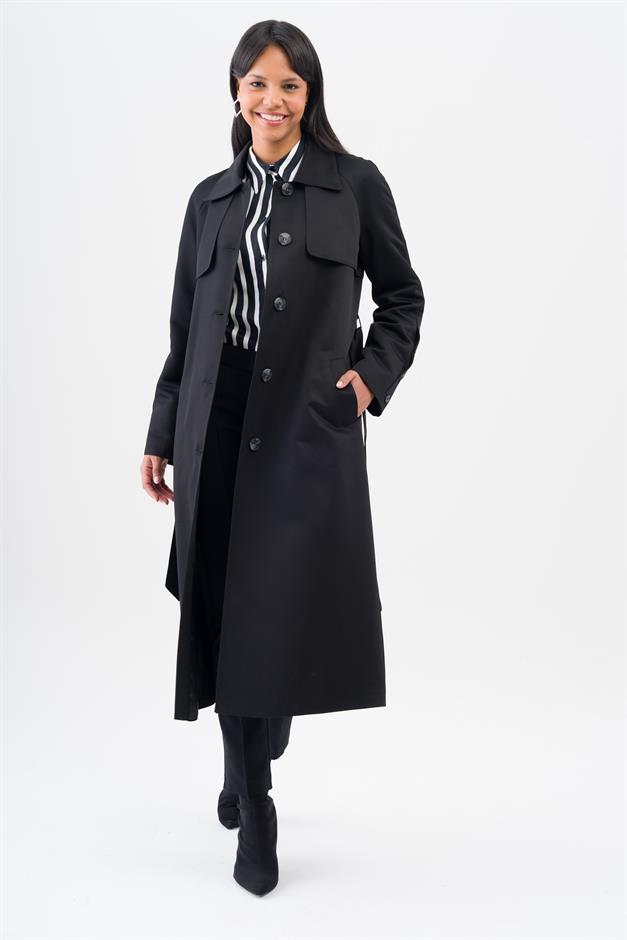 Shirt Collar Cape Detailed Raglan Sleeve Water Repellent Lined Mid-Length Trench Coat BLACK 6530