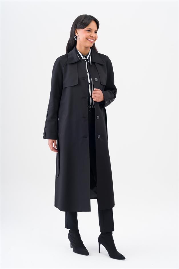 Shirt Collar Cape Detailed Raglan Sleeve Water Repellent Lined Mid-Length Trench Coat BLACK 6530