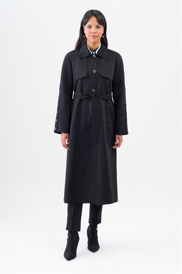Shirt Collar Cape Detailed Raglan Sleeve Water Repellent Lined Mid-Length Trench Coat BLACK 6530