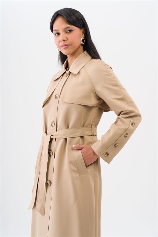 Gömlek Yaka Pelerin Detaylı Reglan Kol Su İtici Özellikli Astarlı Ara Boy Trençkot KAMEL 6530